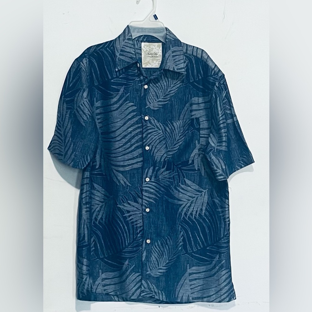 Tasso Elba Mens Short Sleeve Silk Linen Shirt Blue Tropical